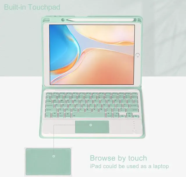 Alt view image 3 of 5 - Eisuiyi Keyboard Case for iPad 10.2" 7th/8th/9th gen, Compatible with iPad Air3/Pro10.5, Detachable Touchpad BT Keyboard, Magentic Protective Cover with Pencil Holder, Mint Green