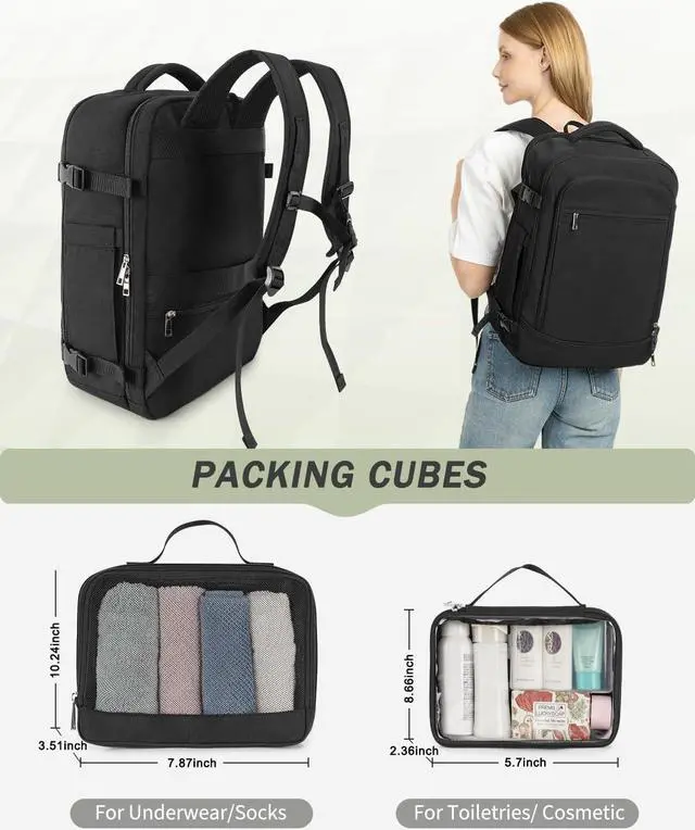 Alt view image 5 of 5 - Travel Backpack for Women Men, 40L Carry on Flight Approved Backpack, Personal Item Travel Bag with Multi-Pockets, Waterproof Travel Bag Fits 17 Inch Laptop, Gift for Weekender, College, Work, Black