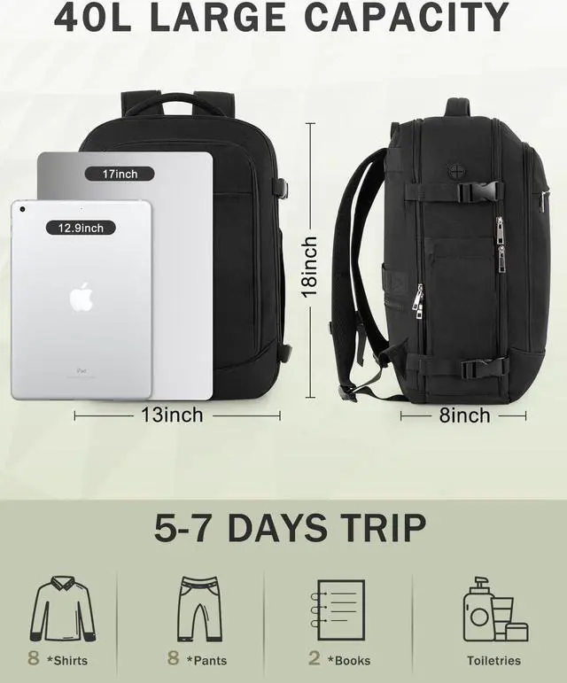 Alt view image 4 of 5 - Travel Backpack for Women Men, 40L Carry on Flight Approved Backpack, Personal Item Travel Bag with Multi-Pockets, Waterproof Travel Bag Fits 17 Inch Laptop, Gift for Weekender, College, Work, Black