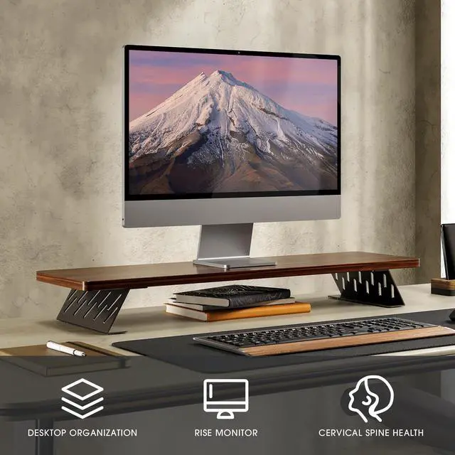 Alt view image 2 of 5 - Fenge Monitor Stand Riser, 32 Inch Desk Top Shelf for 2 Monitors, Computer Stands for Desk, Wood & Steel Desktop Riser for Laptop, PC, Printer