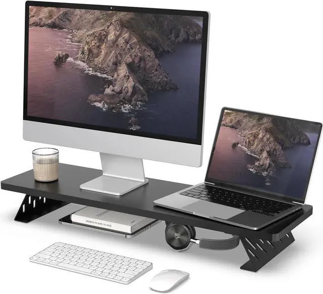 Main image of Fenge Monitor Stand Riser, 32 Inch Desk Top Shelf for 2 Monitors, Computer Stands for Desk, Wood & Steel Desktop Riser for Laptop, PC, Printer