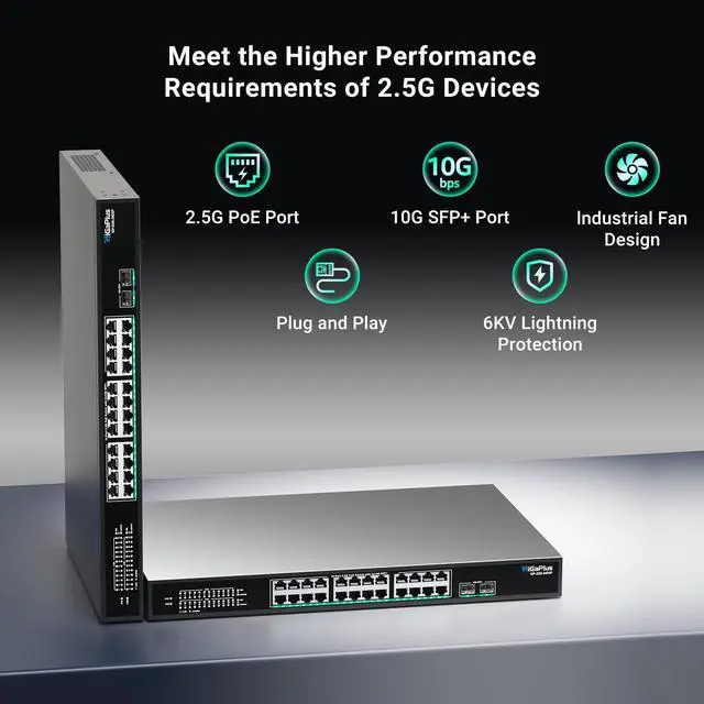 Alt view image 5 of 5 - 26 Port 2.5Gb Unmanaged PoE Switch with 2.5G Base-T PoE Ports and 10G SFP Uplink, 802.3af/at , 160Gbps Switching Capacity, GigaPlus 2.5G PoE Switch for 2.5G NAS/PC, WiFi6 Router, Wireless AP