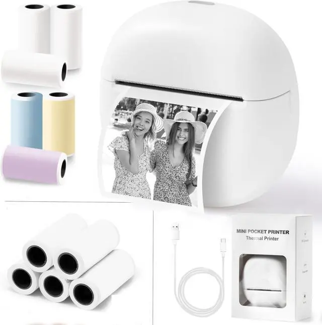 Main image of GQIRIL Portable Mini Thermal Sticker Photo Printer with 6 Rolls Sticker and 5 Rolls White Mini Printable Sticker Paper