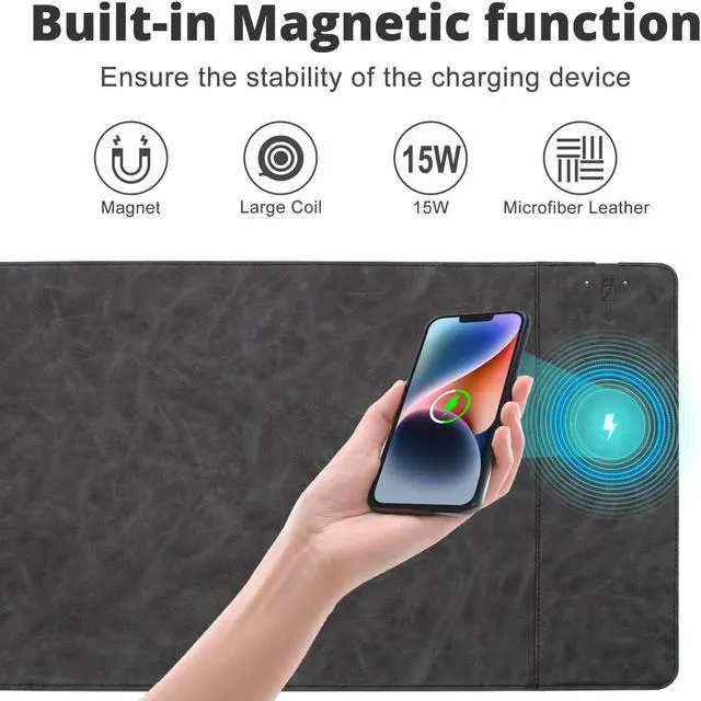 Alt view image 2 of 5 - Magnetic Wireless Charging Desk Mat, 31"x11.7" Large Mouse Pad with Ultra-Smooth Surface, Microfiber Leather Office Mouse Mat, Waterproof Extended Computer Keyboard Desk Mat for Office & Home, Laptop