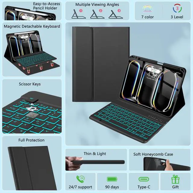 Alt view image 3 of 5 - HOTLIFE for iPad Pro 11 Inch (M4) 2024 Case with Keyboard, Magnetic Detachable - 7 Color Backlit Keyboard Case for iPad Pro 11 (M4),Wireless Folio Keyboard Case with Pencil Holder (Black)