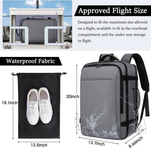 Alt view image 2 of 5 - IGOLUMON Travel Backpack for Men Women 40L Flight Approved Carry on Backpack 17 Inch Waterproof Laptop Backpack Large Luggage Daypack Business College Weekender Overnight Backpack with Shoe Bag, Grey