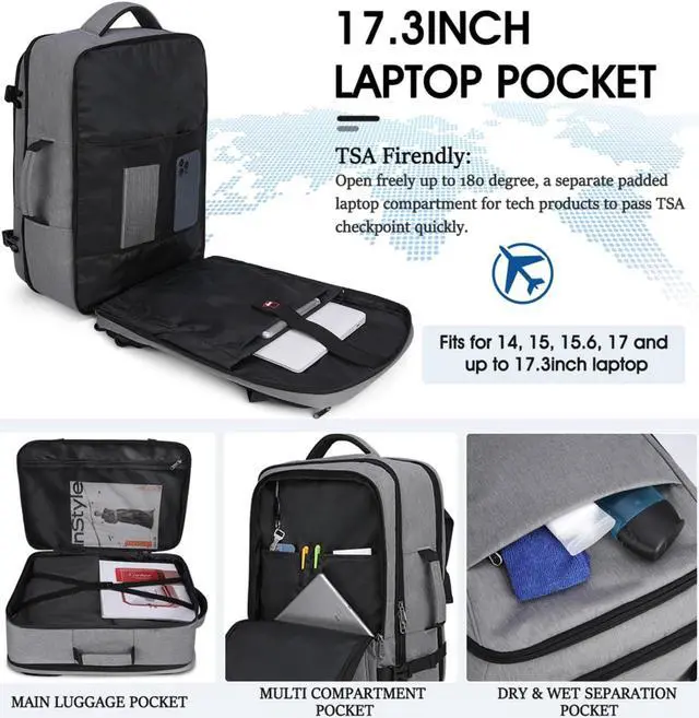 Alt view image 3 of 5 - IGOLUMON Travel Backpack for Men Women 40L Flight Approved Carry on Backpack 17 Inch Waterproof Laptop Backpack Large Luggage Daypack Business College Weekender Overnight Backpack with Shoe Bag, Grey