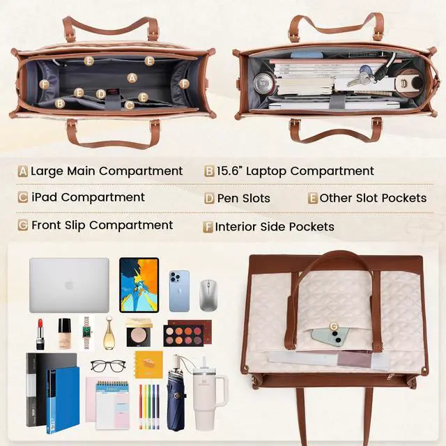 Alt view image 2 of 5 - IGOLUMON Laptop Bag for Women 15.6 Inch Vegan Leather Work Tote Bag Quilted Womens Briefcase Designer Laptop Bags for Office Teacher College Cute Computer Bag with Purse Professional Beige & Brown