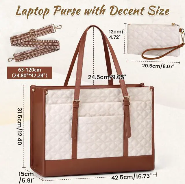 Alt view image 5 of 5 - IGOLUMON Laptop Bag for Women 15.6 Inch Vegan Leather Work Tote Bag Quilted Womens Briefcase Designer Laptop Bags for Office Teacher College Cute Computer Bag with Purse Professional Beige & Brown