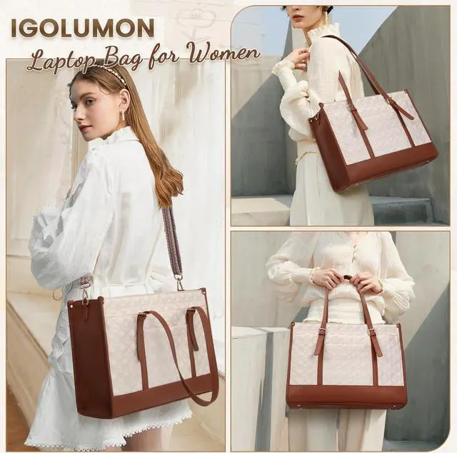 Alt view image 3 of 5 - IGOLUMON Laptop Bag for Women 15.6 Inch Vegan Leather Work Tote Bag Quilted Womens Briefcase Designer Laptop Bags for Office Teacher College Cute Computer Bag with Purse Professional Beige & Brown