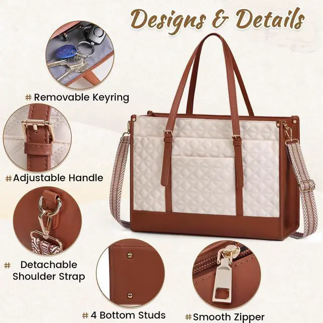 Alt view image 4 of 5 - IGOLUMON Laptop Bag for Women 15.6 Inch Vegan Leather Work Tote Bag Quilted Womens Briefcase Designer Laptop Bags for Office Teacher College Cute Computer Bag with Purse Professional Beige & Brown
