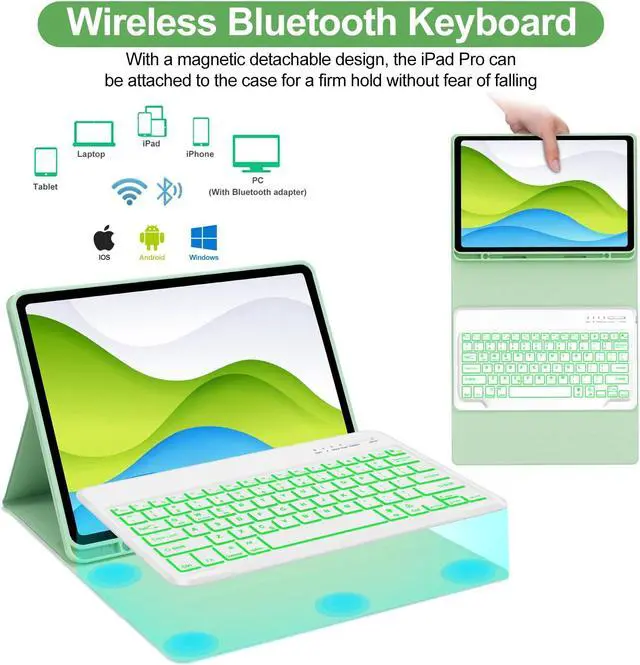 Alt view image 3 of 5 - iPad Air 13 inch Case with Keyboard (M2 2024/ M3 2025), 7 Colors Backlit, Detachable Wireless Bluetooth Keyboard, Slim & Light, Folio Cover for iPad 12.9 6th 2022/5th 2021/4th 2020/3rd 2018 Gen, Green