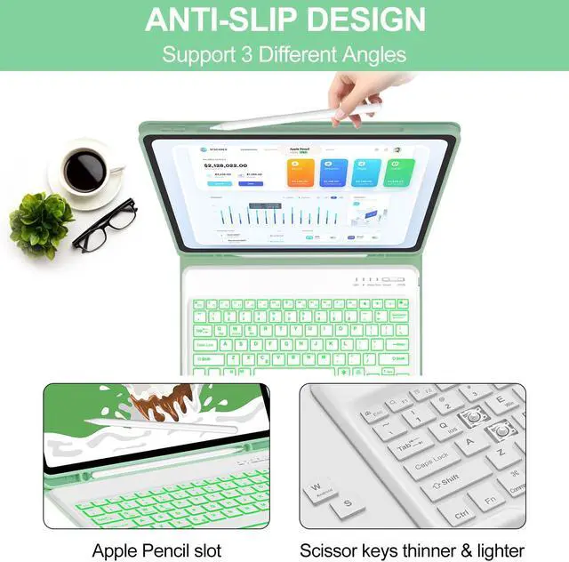 Alt view image 5 of 5 - iPad Air 13 inch Case with Keyboard (M2 2024/ M3 2025), 7 Colors Backlit, Detachable Wireless Bluetooth Keyboard, Slim & Light, Folio Cover for iPad 12.9 6th 2022/5th 2021/4th 2020/3rd 2018 Gen, Green