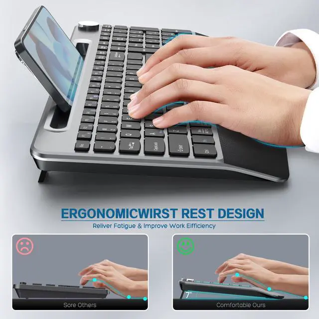 Alt view image 2 of 5 - JOYACCESS Ergonomic Wireless Keyboard with Wrist Rest, Low-Profile,Phone Holder,2.4GHz Full Size Silent Cordless USB Computer Keyboard for Windows, Mac OS Desktop/Laptop/PC-Black Grey