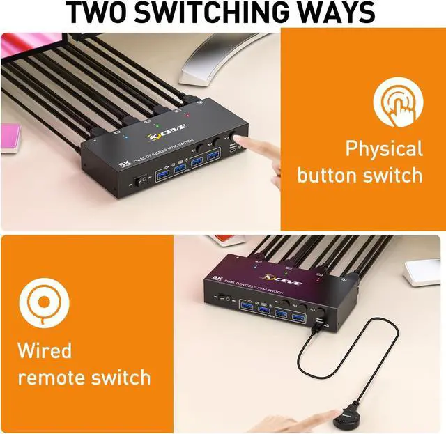 Alt view image 5 of 5 - 8K KVM Switch 2 Monitors 3 Computer, KCEVE Dual Monitors USB 3.0 Displayport KVM Switcher, Supports 8K@60Hz for 3 DP Port PC Share 2 DP Monitors, Keyboard and Mouse
