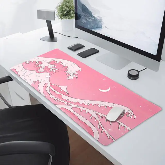 Alt view image 5 of 5 - Pink Japanese Anime Gaming Mouse Pad XL Cute Kawaii Aesthetic Wave Extended Big Large Desk Mat Non-Slip Rubber Base Stitched Edge Long Keyboard Mousepad for PC Computer Laptop,40x20 in,100x50cm