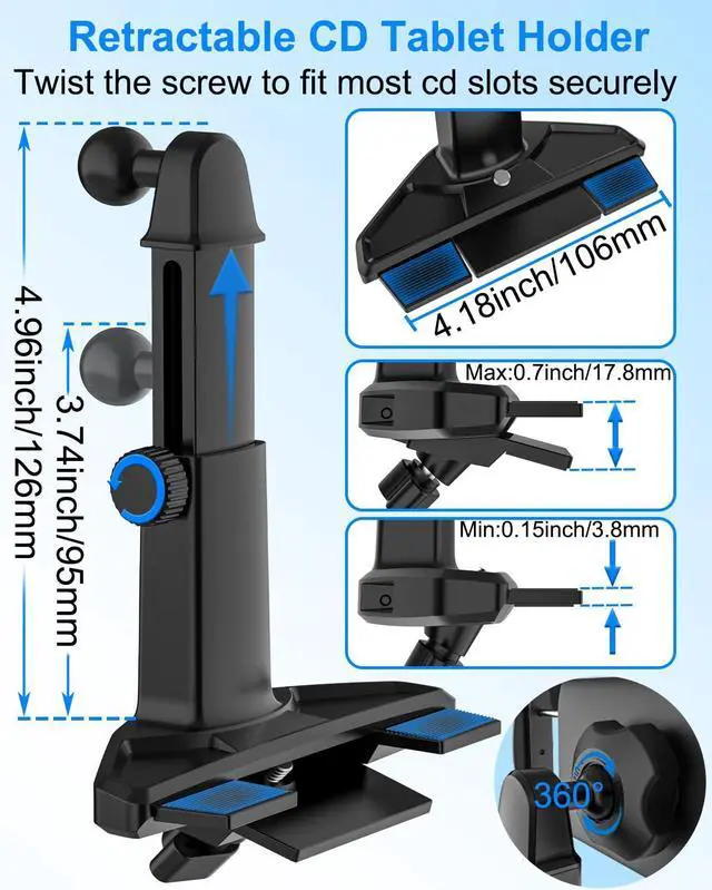 Alt view image 4 of 5 - Kolasels Car Tablet Holder CD Slot, [Height Adjustable Arm] Car CD Player Tablet Mount, Universal Car CD Clamp for iPad Pro Air Mini, Galaxy Tabs/Z Fold/Z Flip, iPhone, More 4-12.9" Device