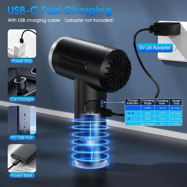 Alt view image 4 of 5 - Compressed Air Duster, 100000RPM Handheld Car Air Blower& Pump, 3 Gear Adjustable Electric Air Duster/Mini PC Cleaner, Rechargeable Keyboard Duster with LED Light-8 Kits Air Blower for Computer
