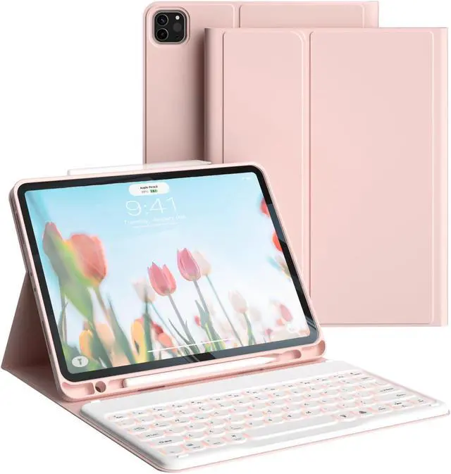 Main image of KVTVOU for iPad Pro 11 Inch 4th/3rd/2nd Generation Keyboard Case (2022/2021/2020) - 7 Colors Backlit Magnetically Detachable Wireless Bluetooth Keyboard & Lightweight Stand Folio Cover, Pink
