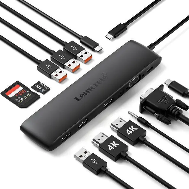 Main image of Lemorele USB C Dual Monitor Docking Station for Dell/HP/Lenovo/Surface Laptop, 12 in 1 Triple Display Multiport Hub Adapter w/2 HDMI 4K+VGA+10Gbps 2 USB3.2+2 USB2.0+100W PD+USB C Data+SD/TF+Audio
