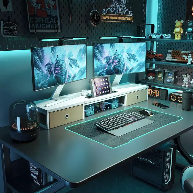 Alt view image 4 of 5 - Dual Monitor Stand Riser with 2 Drawers - 39Inch Large Storage Computer Monitor Stands for 2 Monitors, Wooden Desktop Organizer Perfect for Home Office Desk, Computer, Laptop, TV, White