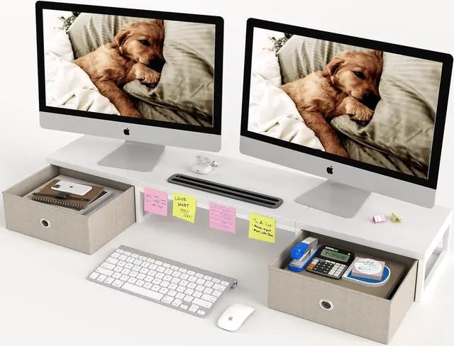 Main image of Dual Monitor Stand Riser with 2 Drawers - 39Inch Large Storage Computer Monitor Stands for 2 Monitors, Wooden Desktop Organizer Perfect for Home Office Desk, Computer, Laptop, TV, White