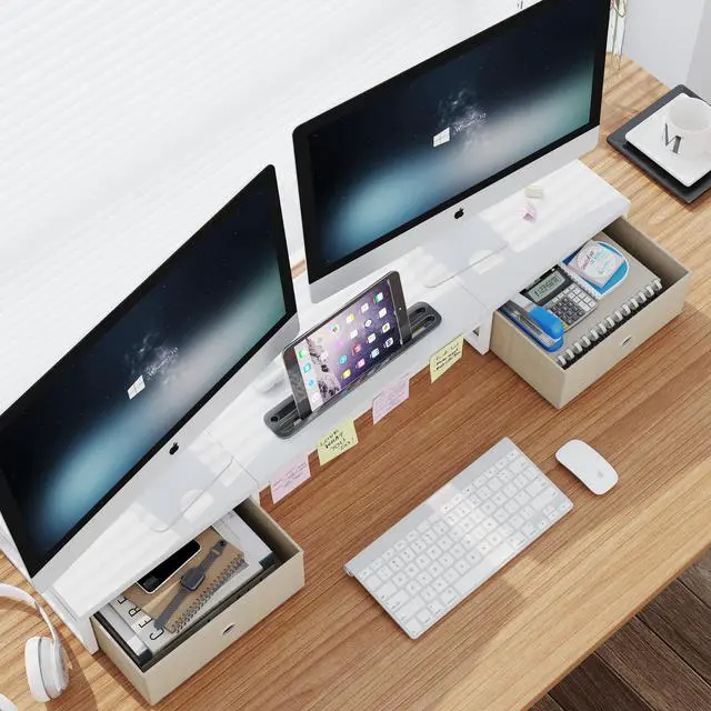 Alt view image 2 of 5 - Dual Monitor Stand Riser with 2 Drawers - 39Inch Large Storage Computer Monitor Stands for 2 Monitors, Wooden Desktop Organizer Perfect for Home Office Desk, Computer, Laptop, TV, White