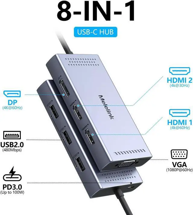 Alt view image 2 of 5 - USB C Docking Station Dual HDMI Monitor Adapter, Melelink USB C Hub 3 Monitors Adapter with 2x HDMI 4K,Displayport,VGA,100W PD Charging,3 USB2.0, 8 in 1 Laptop Docking Station for Dell, HP, Lenovo,etc