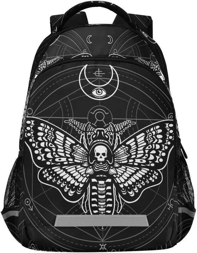 Main image of MNSRUU Laptop Backpack with Chest Strap, Gothic Black Skull Moth School Backpack, Travel Hiking Backpack for Boys Girls Teen Adult, Rucksack, Knapsack