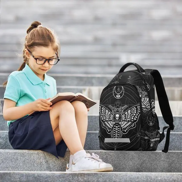 Alt view image 4 of 5 - MNSRUU Laptop Backpack with Chest Strap, Gothic Black Skull Moth School Backpack, Travel Hiking Backpack for Boys Girls Teen Adult, Rucksack, Knapsack