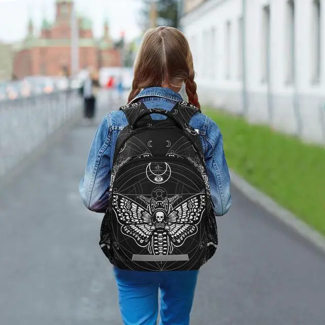Alt view image 3 of 5 - MNSRUU Laptop Backpack with Chest Strap, Gothic Black Skull Moth School Backpack, Travel Hiking Backpack for Boys Girls Teen Adult, Rucksack, Knapsack