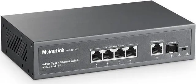 Main image of MokerLink 4 Port PoE Switch, 1 Gigabit Uplink, 1 SFP, IEEE802.3af/at 75W, PoE Watchdog AI Detection, QoS, Fanless Metal Plug & Play Ethernet Switch