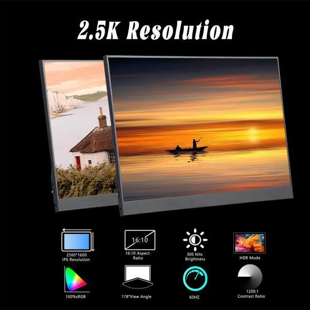 Alt view image 2 of 5 - Morzmy 16" 2.5K Portable Monitor, 2560x1600 IPS Display 100% sRGB with Dual Built-in Speakers,Eye Care External Second Computer Monitor for PC Laptop Mac Phone Game, HDMI/Type-C Travel Monitor