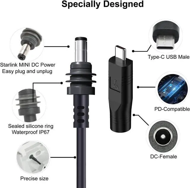 Alt view image 3 of 5 - Starlink Mini DC Power Cable with USB C to DC Adapter, USB C to DC Power Cable for Starlink Mini, Compatible with 65W+ PD 20V Protocol Power Supply/Source, Indoor/Outdoor Grey(15M+ USB-C Adapter)
