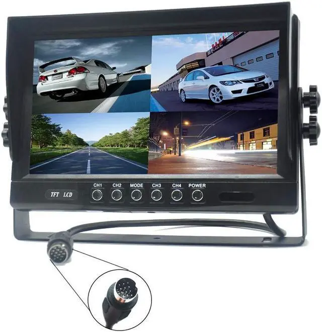 Main image of Padarsey 9" TFT LCD Car Rearview Quad Split Monitor,Remote Control, 4 Channels 4-PIN Connector Video Inputs Shockproof - 12V-24V 800480HD Screen w/Sunshade Anti-Glare