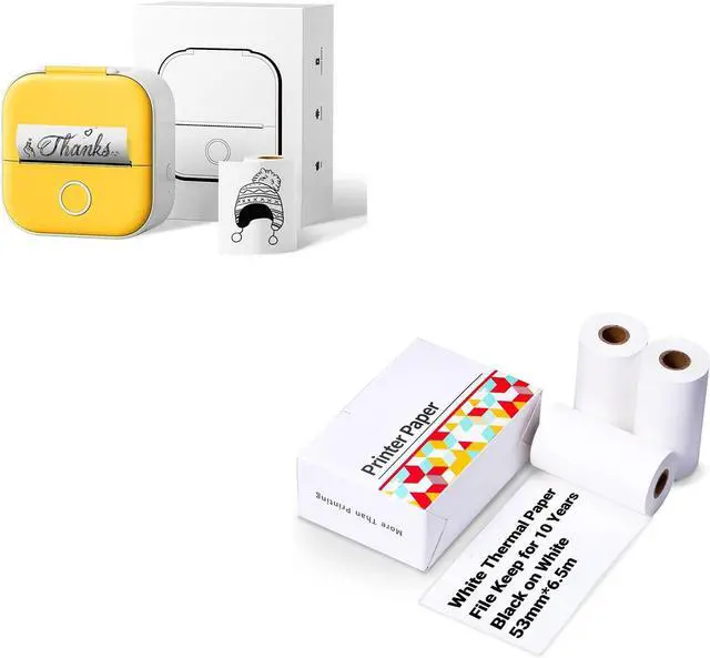 Main image of T02 Receipt Mini Printers + Black On White Paper for Journal, to Do List, 53mm x 6.5m, 3 Rolls, Keep for 10 Years