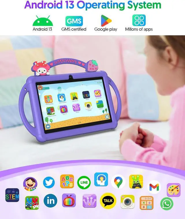 Alt view image 2 of 5 - PUTECCH Kids Tablet 7 inch Android 13 Tablet for Kids 32GB ROM 4GB RAM 1TB Expanded, Quad-Core Toddler Tablet with Shockproof Case, Bluetooth, WiFi, Parental Control, Dual Camera, GPS, Games (Blue)