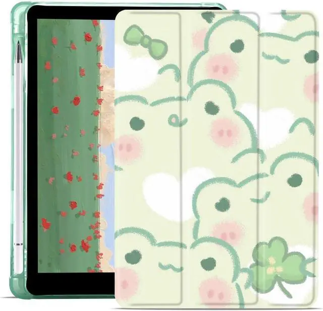 Main image of JOYLAND Cute Frog Case for iPad Air 11 Inch M3 2025/M2 2024, Leather Foldable Stand Green TPU Back Cover with Pencil Holder Shockproof Protective Case Auto Wake/Sleep