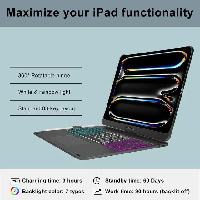 Alt view image 3 of 5 - iPad Pro 13 Inch Case with Keyboard, Magic Keyboard for iPad Pro 13 Case M4 2024, Touch Keyboard Case for iPad 13 Pro with 7 Color Backlit, 360 Rotatable Tablet Pro 13'' Case with Keyboard, Black