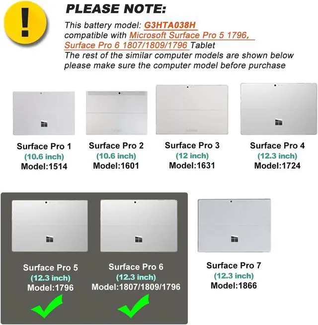 Alt view image 5 of 5 - G3HTA038H Battery for Microsoft Surface Pro 5th (Model 1796, 2017),Surface Pro 6(Model 1807/1809/1796, 2018) 12.3" 2-in-1, Core i5 i7 m3 Series with Tools For surface pro 5 battery DYNM02 7.57V 45Wh