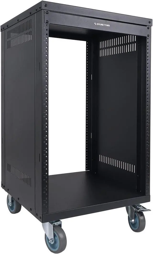 Main image of Sound Town 16U Universal Steel Rack, w/ 3" Locking Casters, Vented Side Panels for Audio Video, Server and Network Equipment (STRK-M16U)