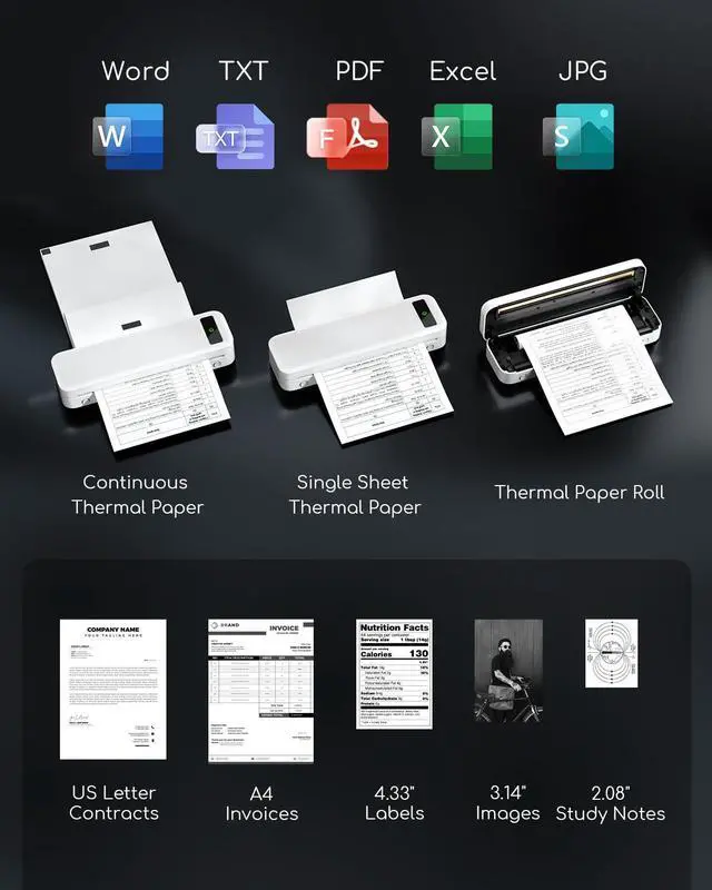 Alt view image 3 of 5 - TATTMUSE Portable Thermal Printer, Bluetooth Portable Printers Wireless for Travel, Small Inkless Mobile Printer for Phone Laptop, Support 8.5'' x 11'' US Letter/A4/4.33''/3.14''/2.08'' Thermal Paper