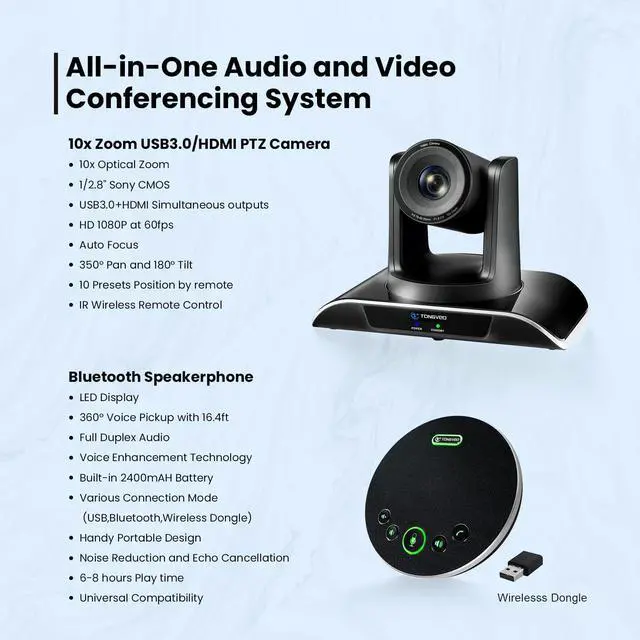 Alt view image 2 of 5 - TONGVEO 10x Zoom Conference Room Video Camera System, All-in-One HD 1080P 60fps 10X Optical Zoom USB3.0 HDMI PTZ Camera and Bluetooth Conference Speaker with Microphones Bundle for Medium Room