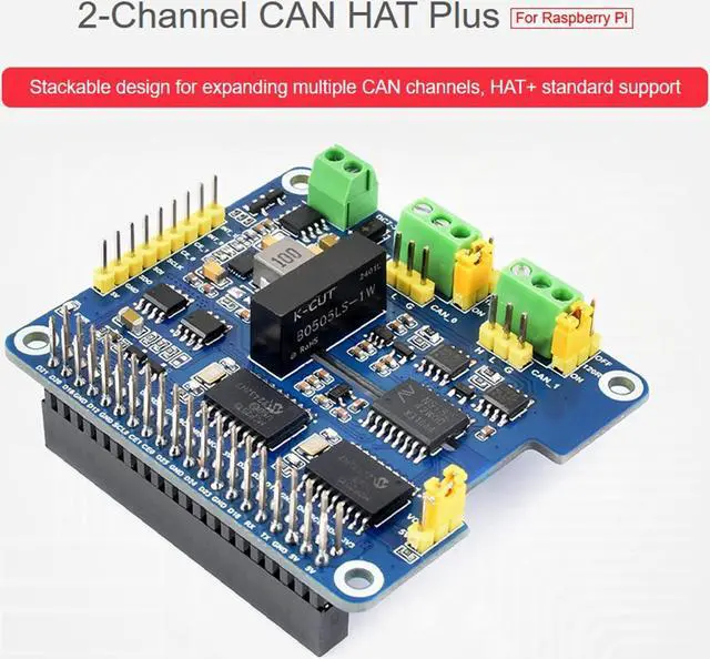 Alt view image 2 of 5 - 2-Channel Isolated CAN Bus Expansion HAT+ for Raspberry Pi 5/4B/3B/2B/Pi Zero W/WH/2W/ Jetson Nano,MCP2515 +SN65HVD230 CAN Transceiver Dual Chips, Stackable Design for Expanding Multiple CAN Channels