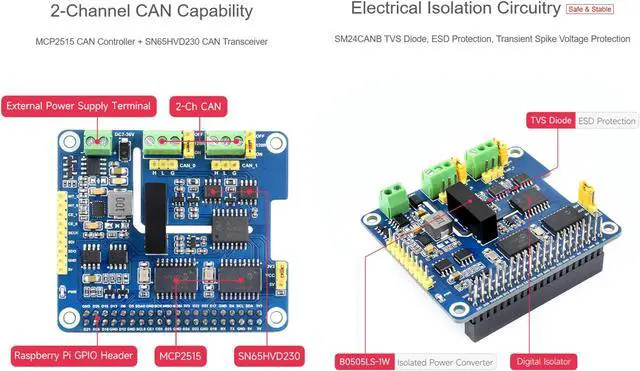 Alt view image 5 of 5 - 2-Channel Isolated CAN Bus Expansion HAT+ for Raspberry Pi 5/4B/3B/2B/Pi Zero W/WH/2W/ Jetson Nano,MCP2515 +SN65HVD230 CAN Transceiver Dual Chips, Stackable Design for Expanding Multiple CAN Channels