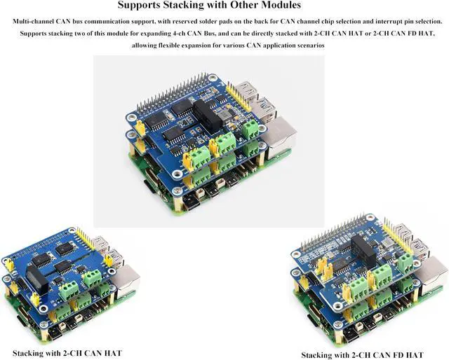 Alt view image 4 of 5 - 2-Channel Isolated CAN Bus Expansion HAT+ for Raspberry Pi 5/4B/3B/2B/Pi Zero W/WH/2W/ Jetson Nano,MCP2515 +SN65HVD230 CAN Transceiver Dual Chips, Stackable Design for Expanding Multiple CAN Channels