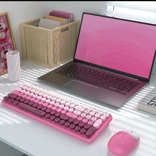 Alt view image 2 of 5 - Wireless Keyboards and Mouse Combos, UBOTIE Colorful Gradient Rainbow Colored Retro Typewriter Flexible Keyboard, 2.4GHz Connection and Optical Mouse(Rosy Gradient)