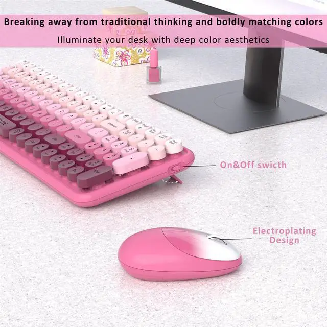 Alt view image 4 of 5 - Wireless Keyboards and Mouse Combos, UBOTIE Colorful Gradient Rainbow Colored Retro Typewriter Flexible Keyboard, 2.4GHz Connection and Optical Mouse(Rosy Gradient)