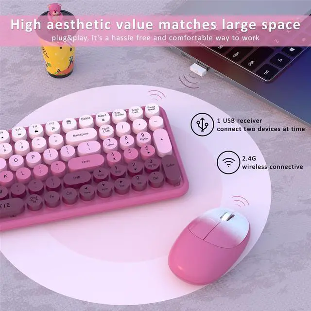 Alt view image 5 of 5 - Wireless Keyboards and Mouse Combos, UBOTIE Colorful Gradient Rainbow Colored Retro Typewriter Flexible Keyboard, 2.4GHz Connection and Optical Mouse(Rosy Gradient)