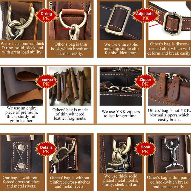 Alt view image 4 of 4 - Masa Kawa Leather Briefcase for Men 17" Laptop Crossbody Shoulder Messenger Office Bag Brown Vintage Attache Case Handbag for Business Travel Work Lawyer Large